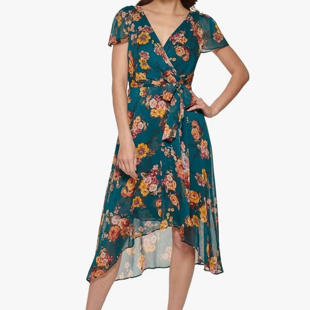DKNY Woman's Green Floral Short Sleeve Faux Wrap Dress